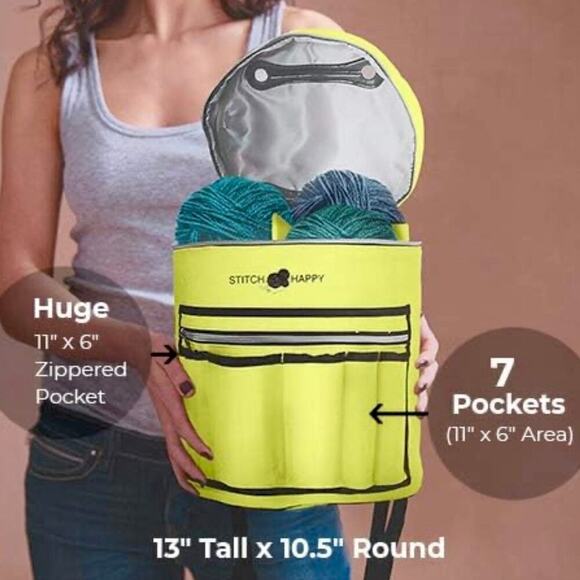NEW Knitting Bag Crochet Yarn Pockets YELLOW Zippers Shoulder Strap Storage - Picture 4 of 6